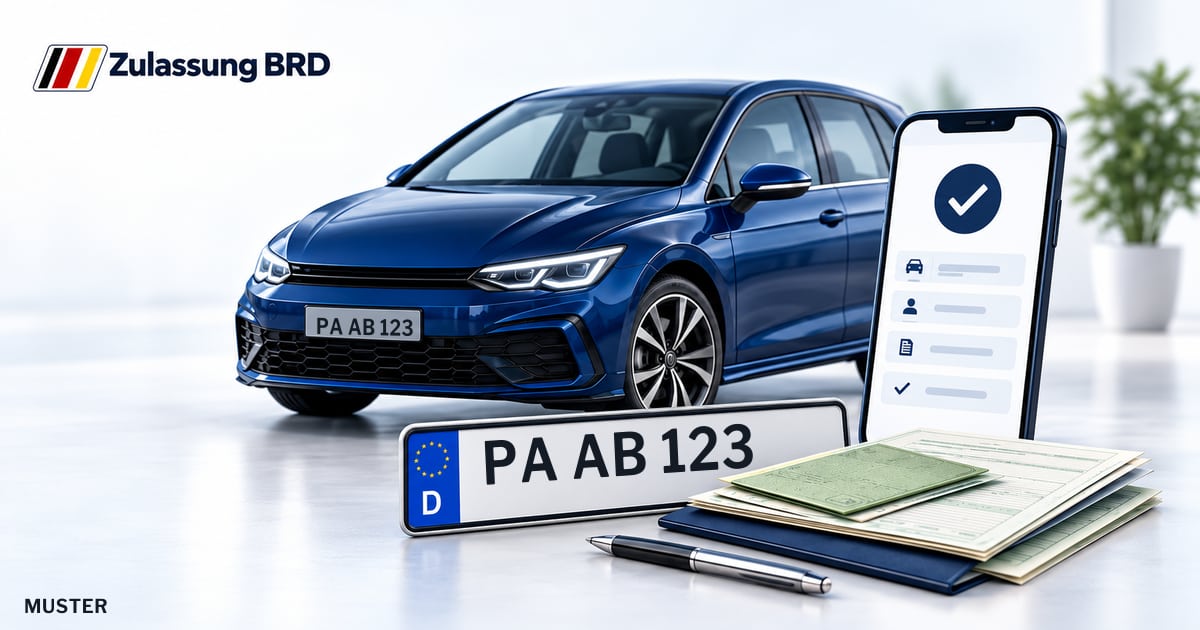 Online Fahrzeugzulassung in Landkreis Passau: Musterkennzeichen PA AB 123, Auto und Fahrzeugpapiere und Smartphone. Illustration mit Logo von Zulassung BRD.